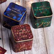 Via Mercato Holiday Gift Set Peace, Joy, Love, candles in decorative metal tins